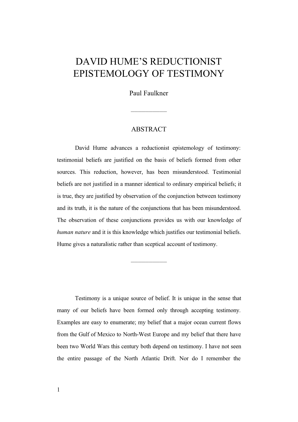 David Hume's Reductionist Epistemology of Testimony