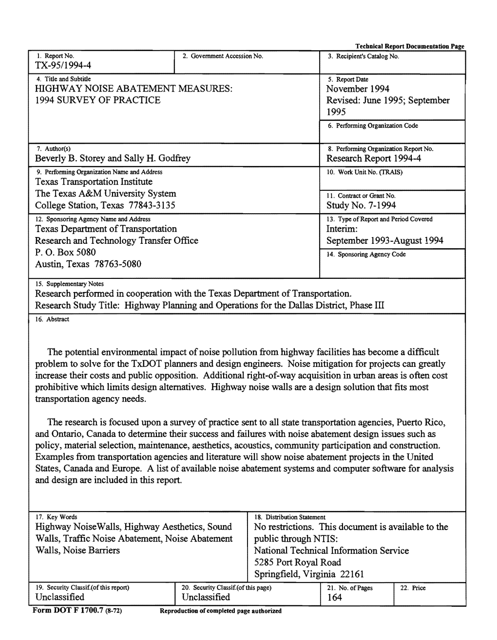 Highway Noise Abatement Measures: 1994 Survey of Practice