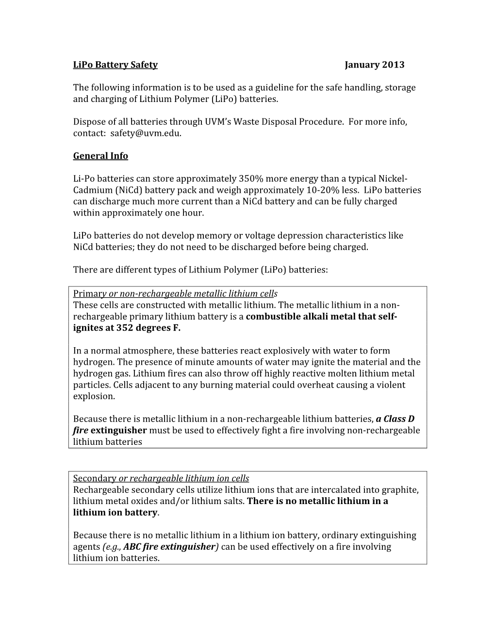 Lipo Battery Safety January 2013 the Following Information Is to Be Used