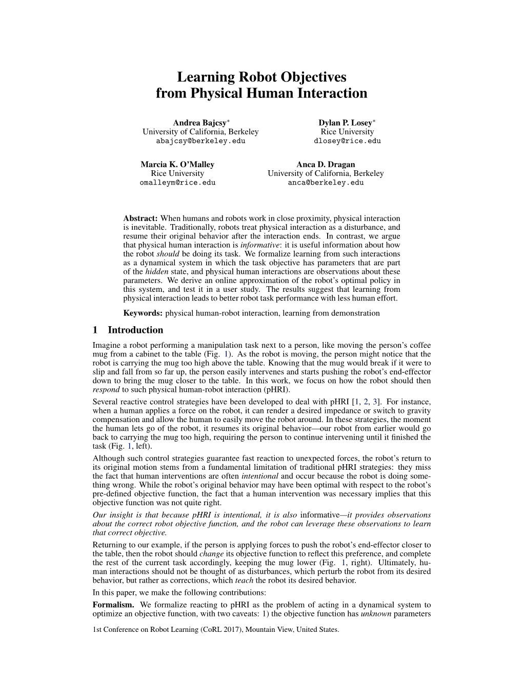 Learning Robot Objectives from Physical Human Interaction