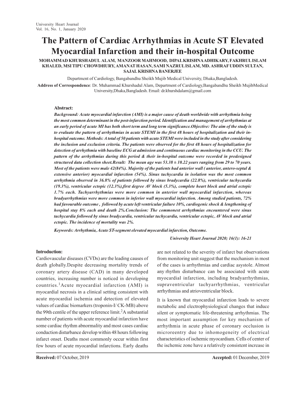 The Pattern of Cardiac Arrhythmias in Acute ST Elevated Myocardial