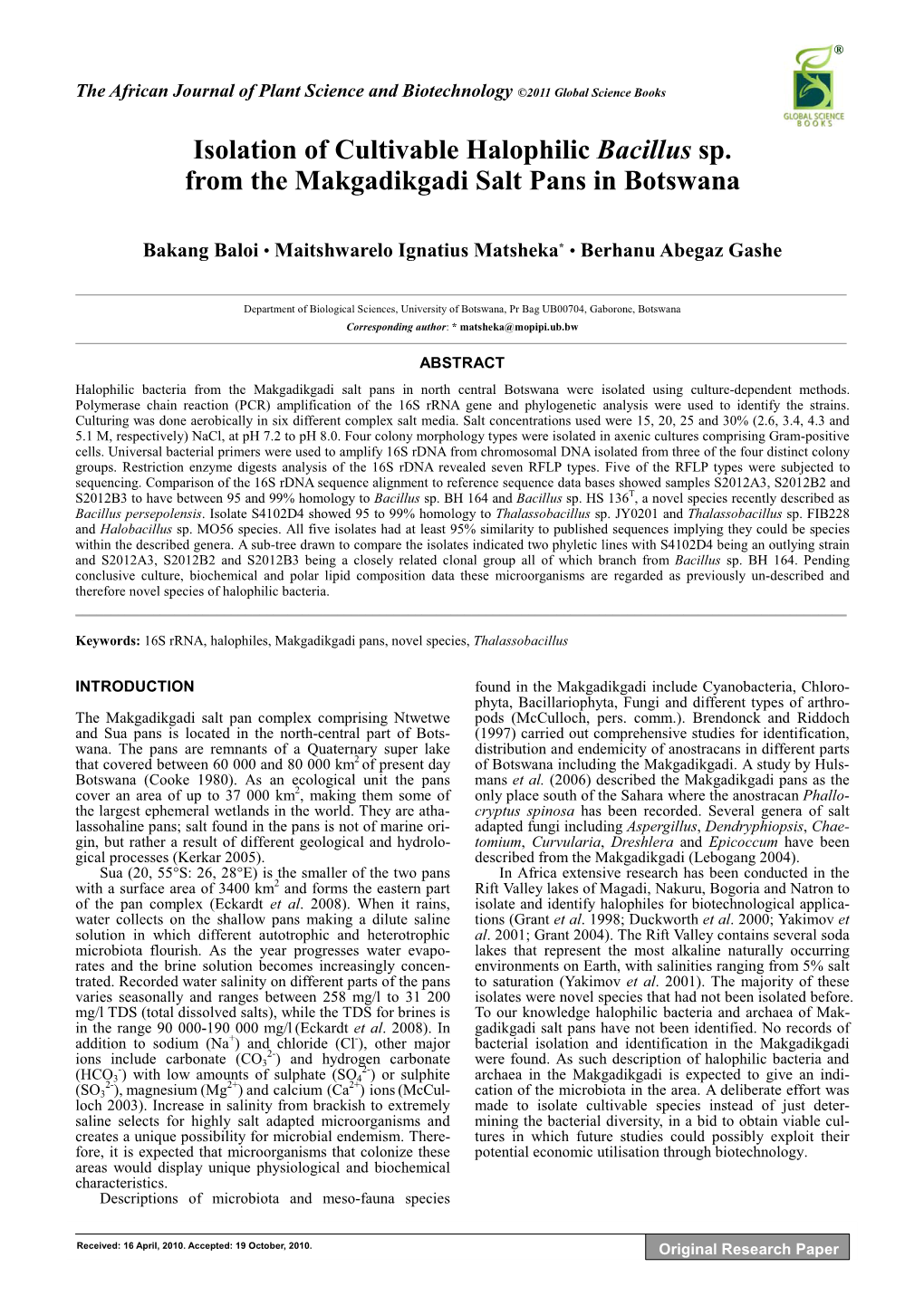 Isolation of Cultivable Halophilic Bacillus Sp. from the Makgadikgadi Salt Pans in Botswana