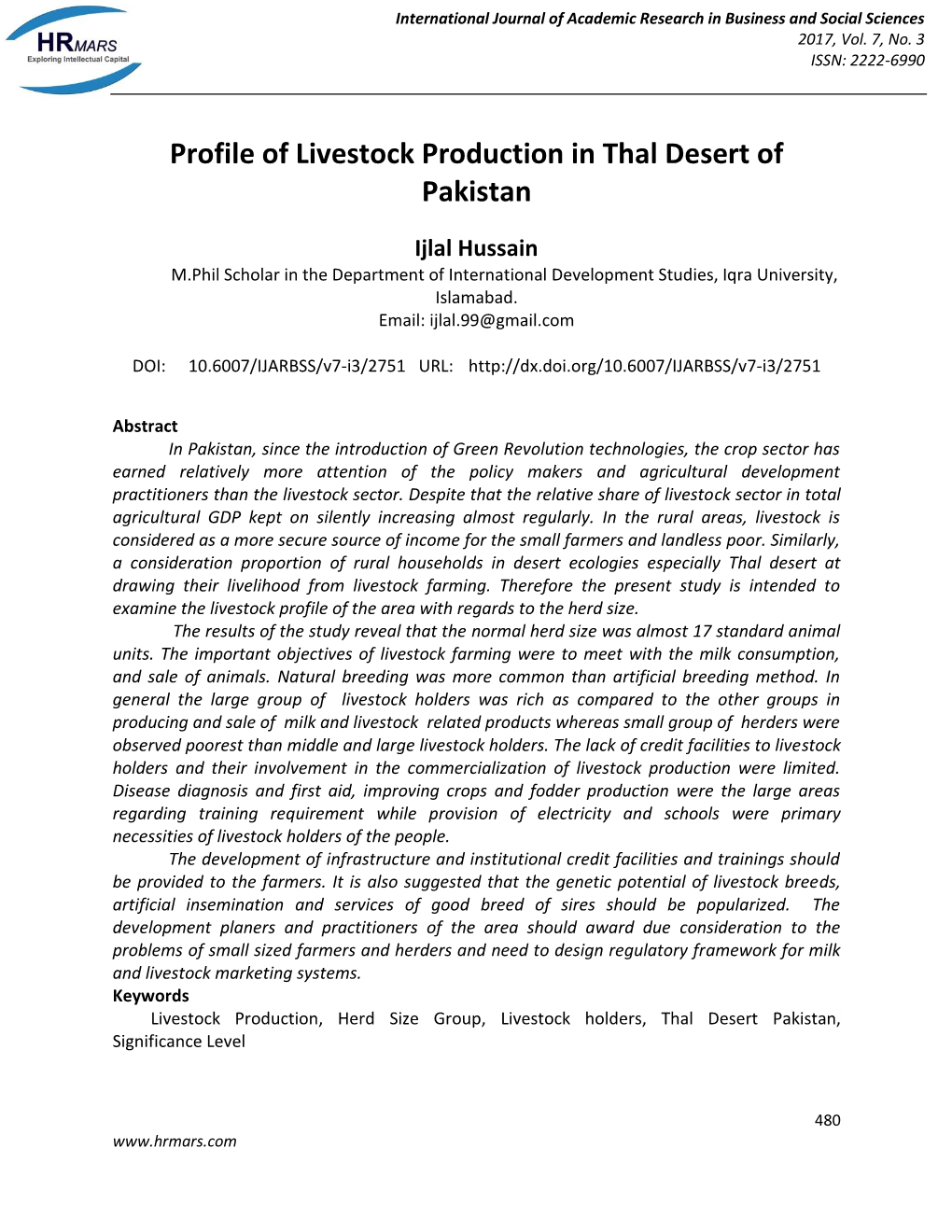 Profile of Livestock Production in Thal Desert of Pakistan