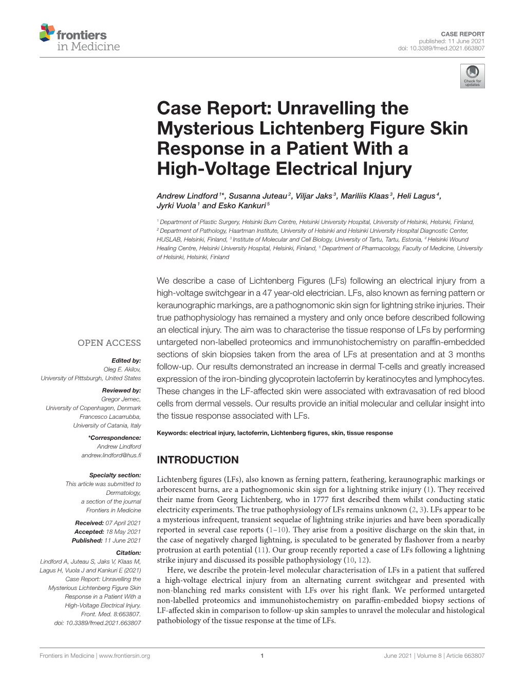 Case Report: Unravelling the Mysterious Lichtenberg Figure Skin Response in a Patient with a High-Voltage Electrical Injury