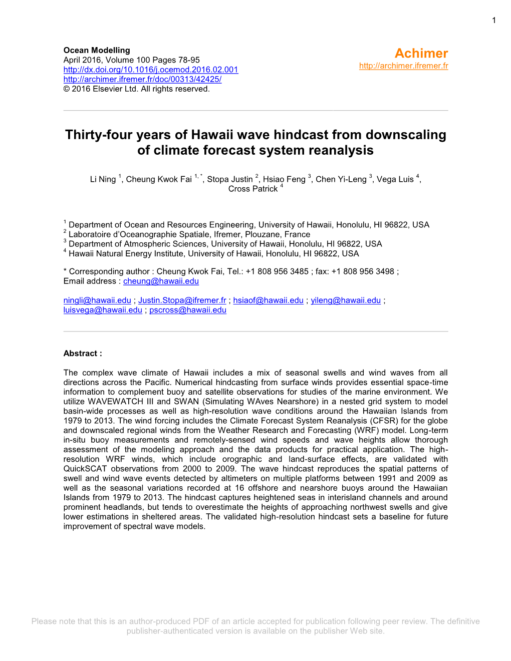 Thirty-Four Years of Hawaii Wave Hindcast from Downscaling of Climate Forecast System Reanalysis