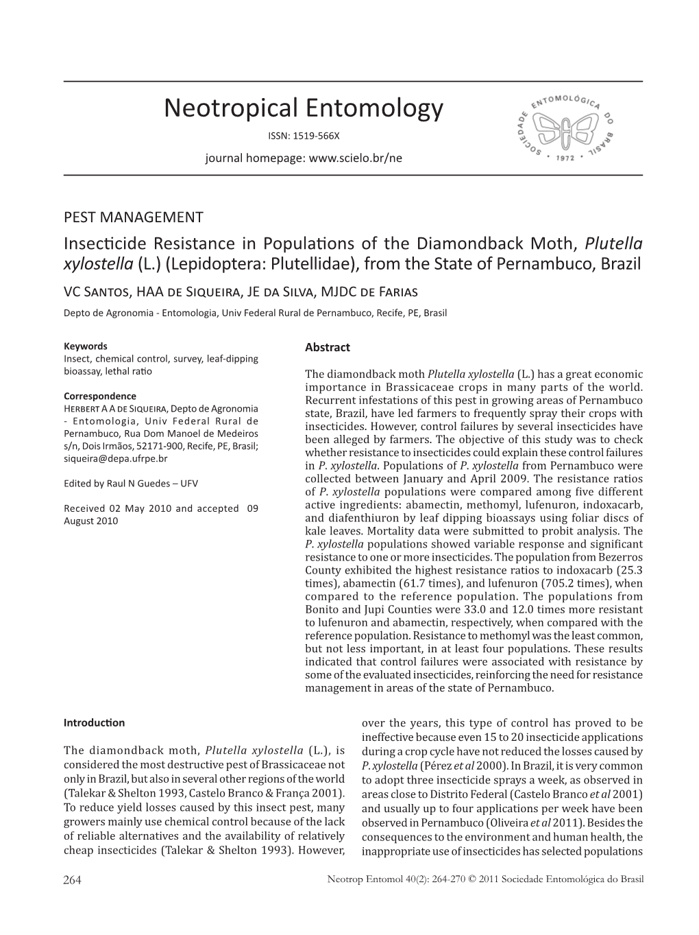 Neotropical Entomology ISSN: 1519-566X Journal Homepage