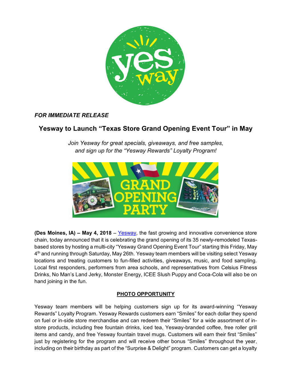 Yesway to Launch “Texas Store Grand Opening Event Tour” in May