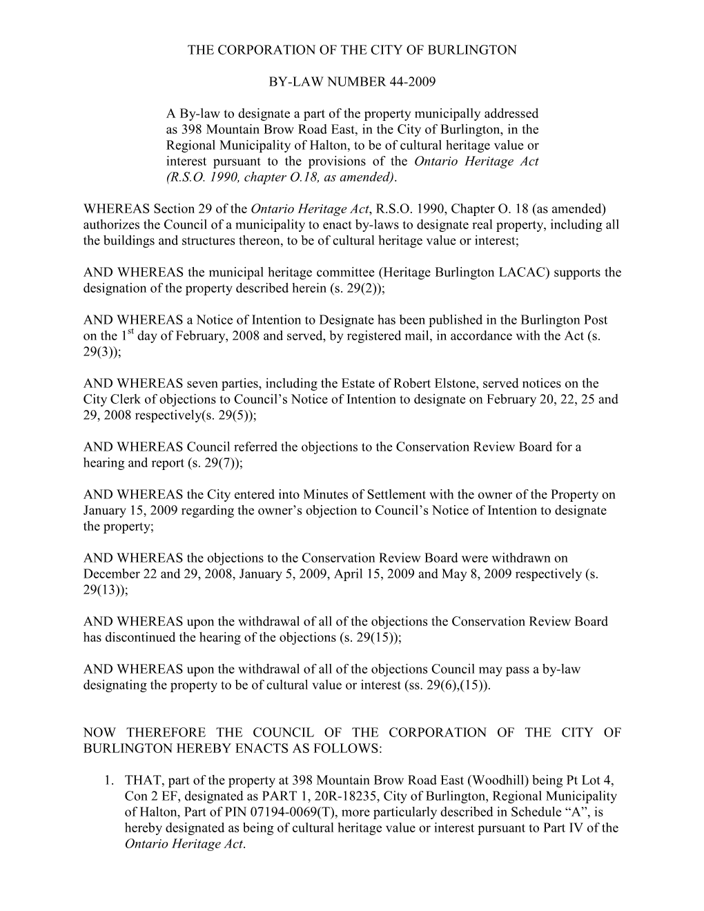 The Corporation of the City of Burlington By-Law