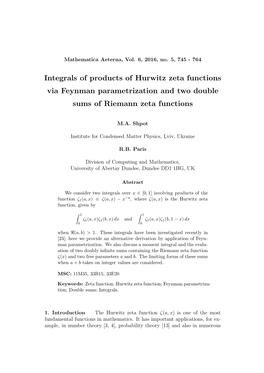 Integrals of Products of Hurwitz Zeta Functions Via Feynman Parametrization and Two Double Sums of Riemann Zeta Functions