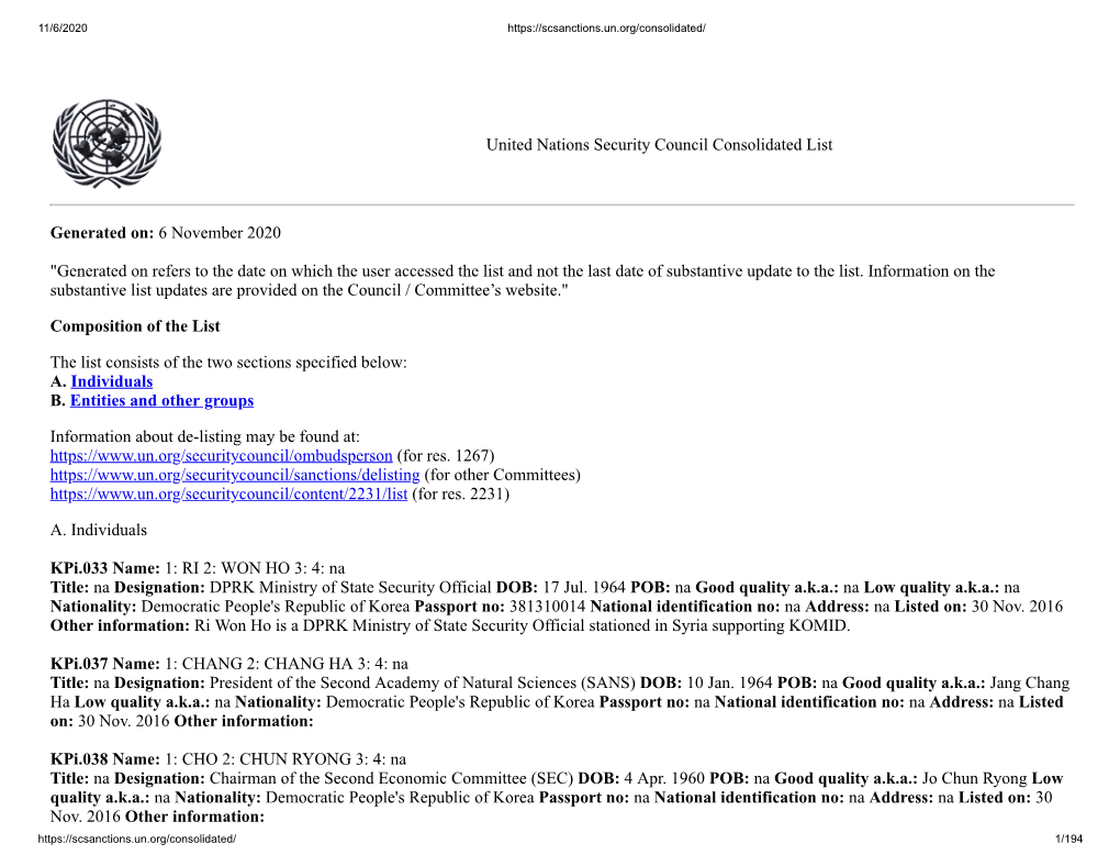 United Nations Security Council Consolidated List Generated On