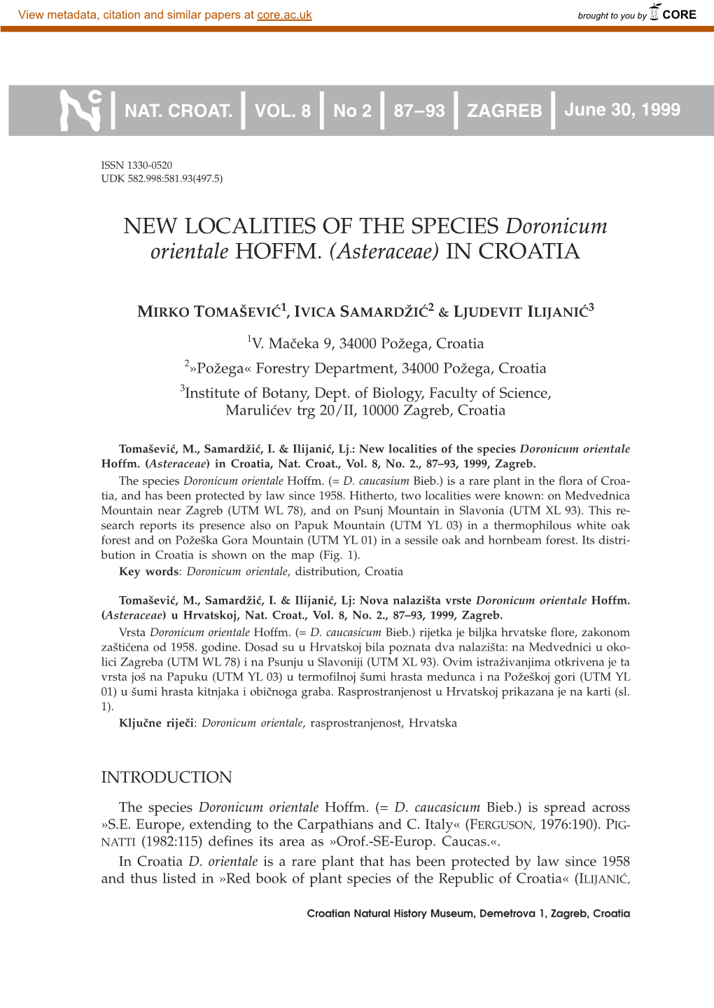 NEW LOCALITIES of the SPECIES Doronicum Orientale HOFFM