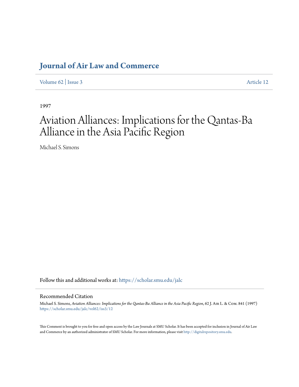 Implications for the Qantas-Ba Alliance in the Asia Pacific Region Michael S