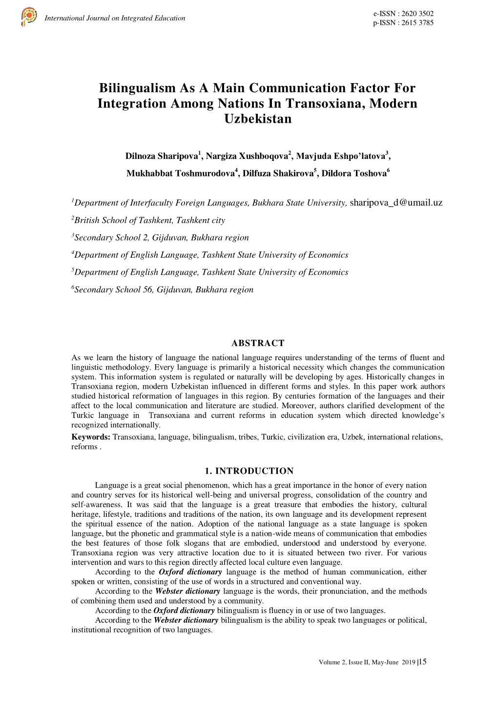 Bilingualism As a Main Communication Factor for Integration Among Nations in Transoxiana, Modern Uzbekistan