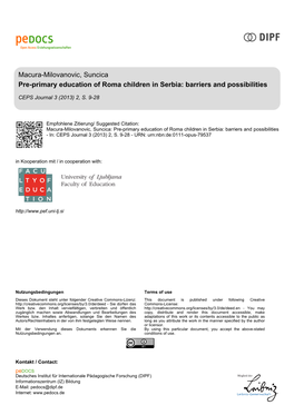 Pre-Primary Education of Roma Children in Serbia: Barriers and Possibilities