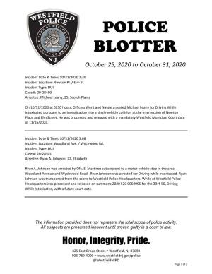 Police Blotter October 25 2020 to October 31 2020