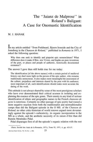 The Â•Œjaianz De Malproseâ•Š in Roland's Baligant: a Case for Onomastic Identification