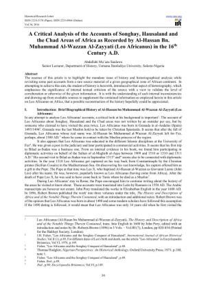 A Critical Analysis of the Accounts of Songhay, Hausaland and the Chad Areas of Africa As Recorded by Al-Hassan Bn