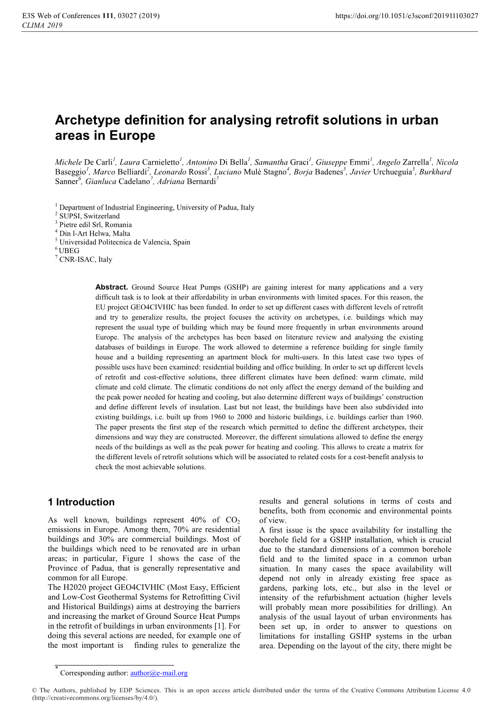 Archetype Definition for Analysing Retrofit Solutions in Urban Areas in Europe