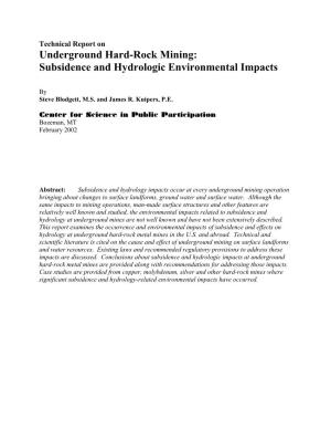 Underground Hard-Rock Mining: Subsidence and Hydrologic Environmental Impacts