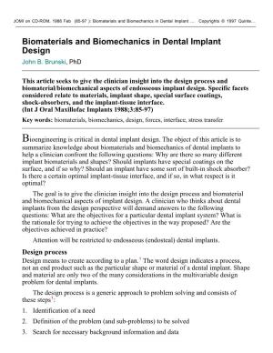 Biomaterials and Biomechanics in Dental Implant Design John B