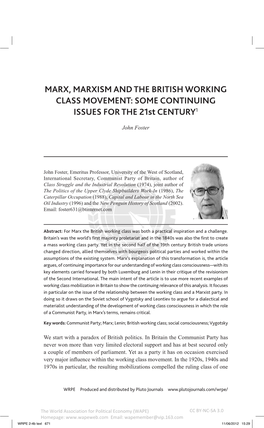 MARX, MARXISM and the BRITISH WORKING CLASS MOVEMENT: SOME CONTINUING ISSUES for the 21St CENTURY1