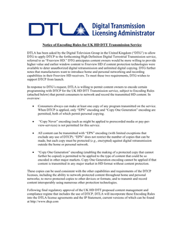 Notice of Encoding Rules for UK HD DTT Transmission Service