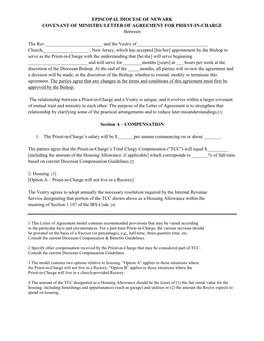 EPISCOPAL DIOCESE of NEWARK COVENANT of MINISTRY/LETTER of AGREEMENT for PRIEST-IN-CHARGE Between