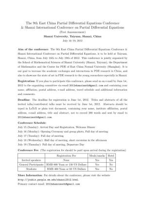 The 9Th East China Partial Differential Equations Conference & Shanxi