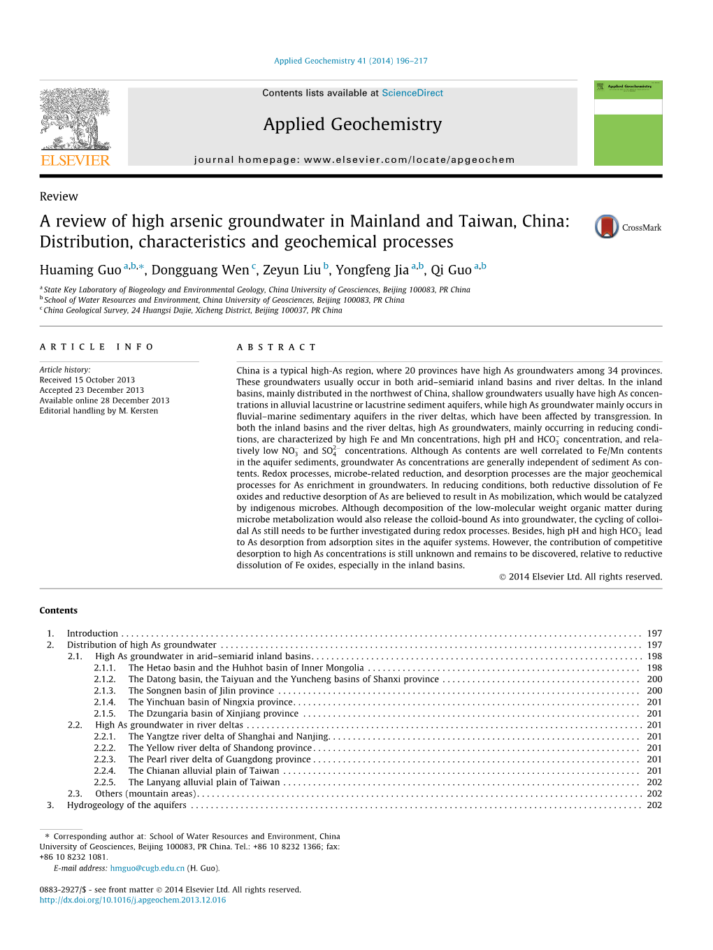 A Review of High Arsenic Groundwater in Mainland and Taiwan, China