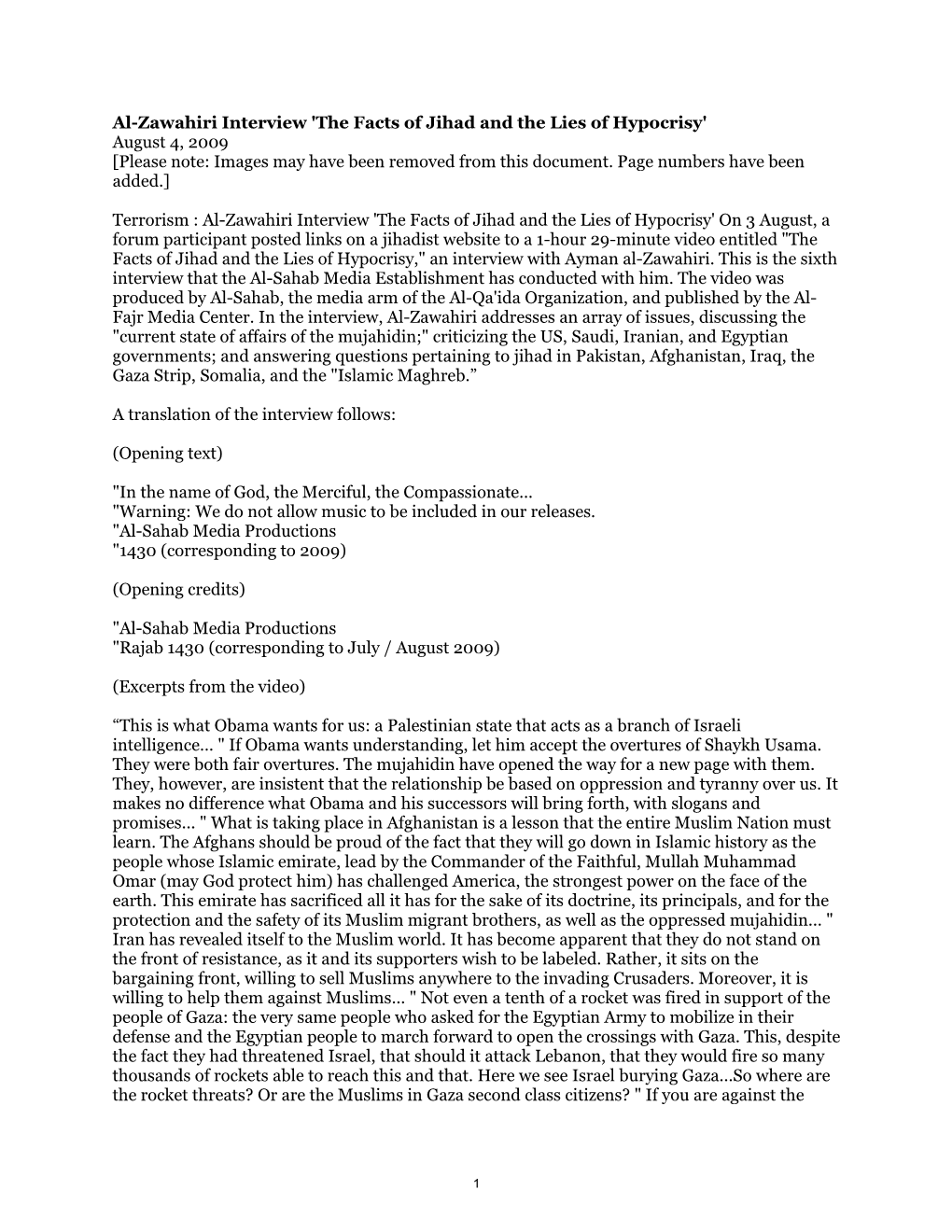 'The Facts of Jihad and the Lies of Hypocrisy' August 4, 2009 [Please Note: Images May Have Been Removed from This Document