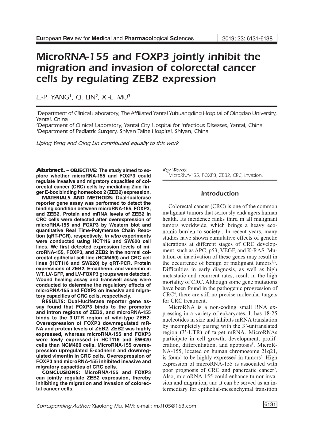 FOXP3 and Microrna-155 Inhibit Migration and Invasion of CRC