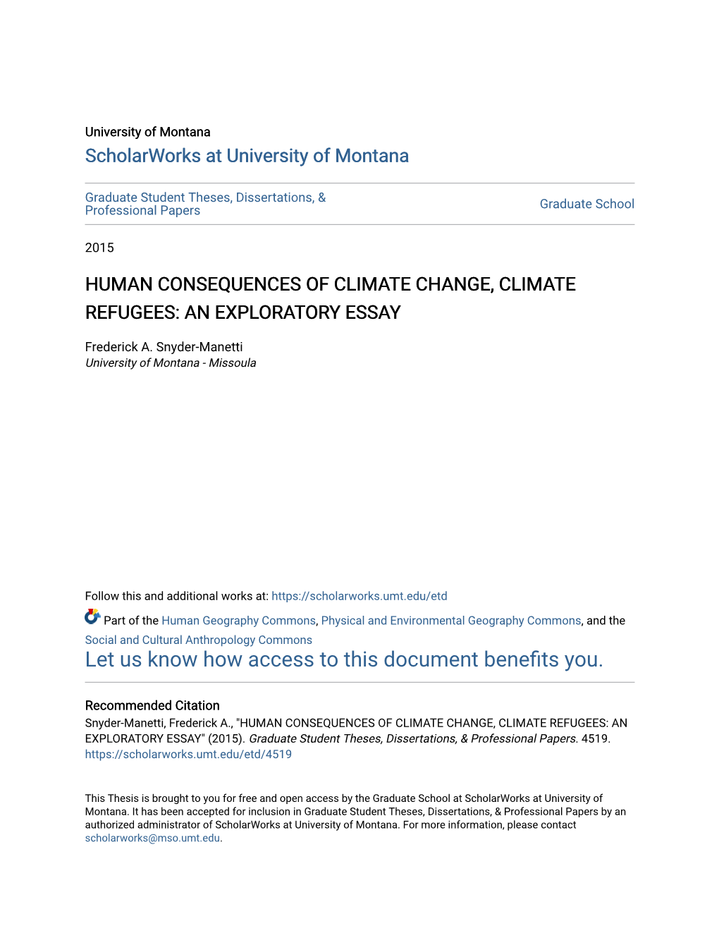 Human Consequences of Climate Change, Climate Refugees: an Exploratory Essay