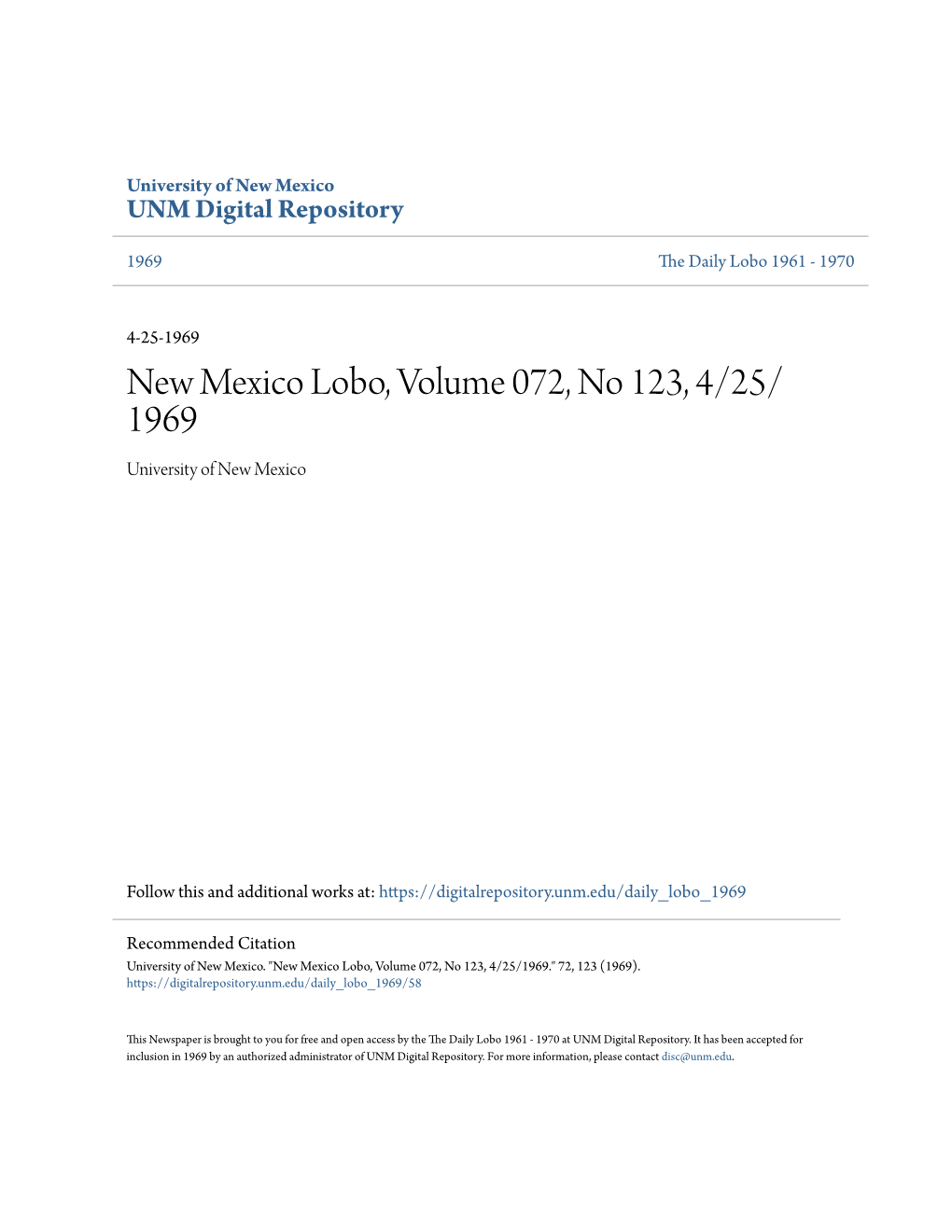 New Mexico Lobo, Volume 072, No 123, 4/25/1969." 72, 123 (1969)
