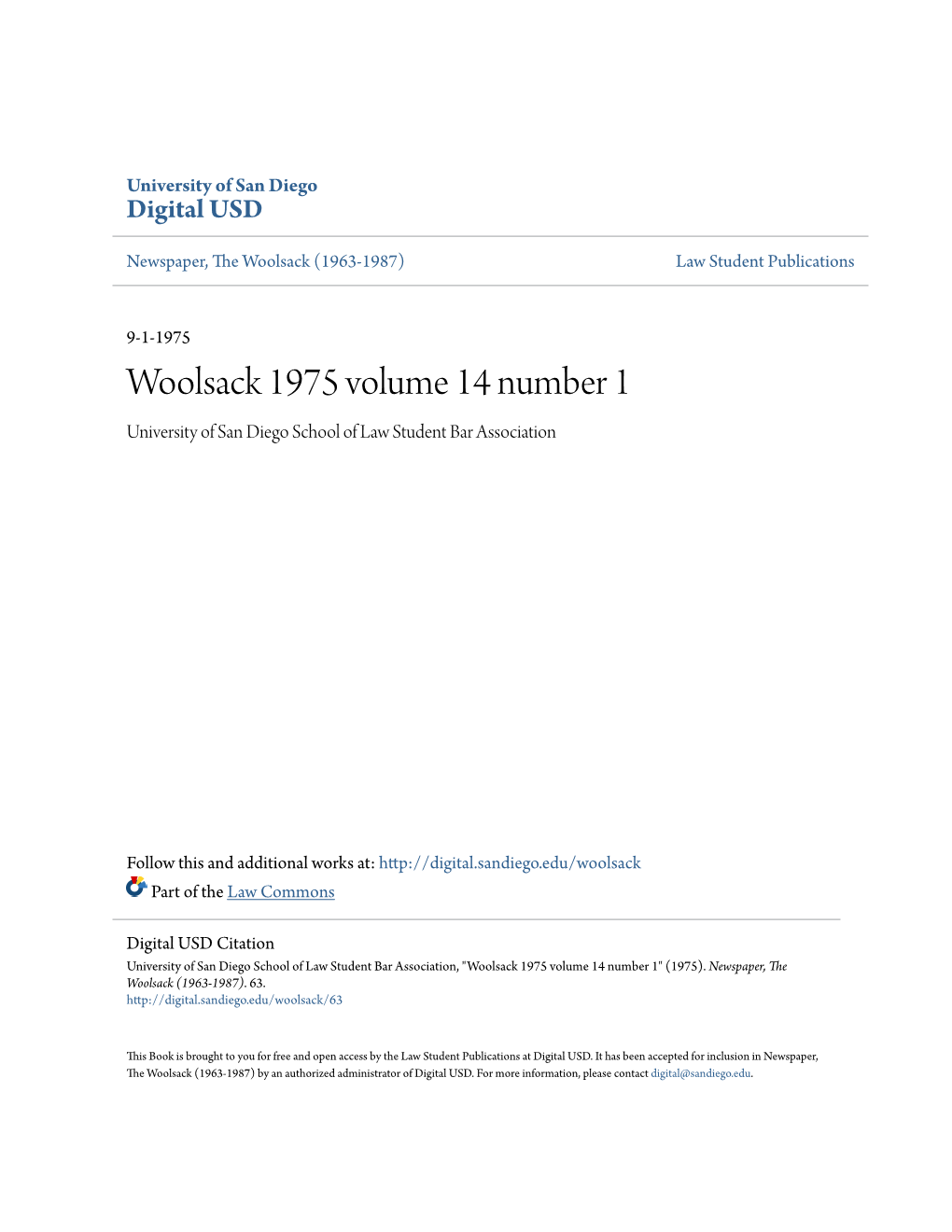 Woolsack 1975 Volume 14 Number 1 University of San Diego School of Law Student Bar Association