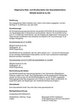 Allgemeine Netz- Und Strukturdaten Des Gasnetzbetreibers REGAS Gmbh & Co KG