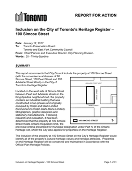 Inclusion on the City of Toronto's Heritage Register – 100 Simcoe Street