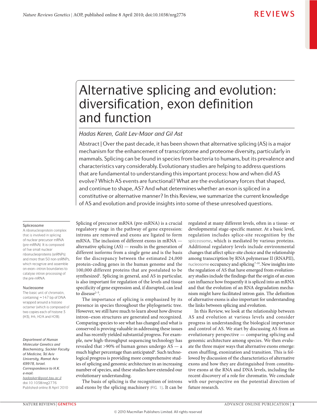 Alternative Splicing And Evolution Diversification Exon Definition