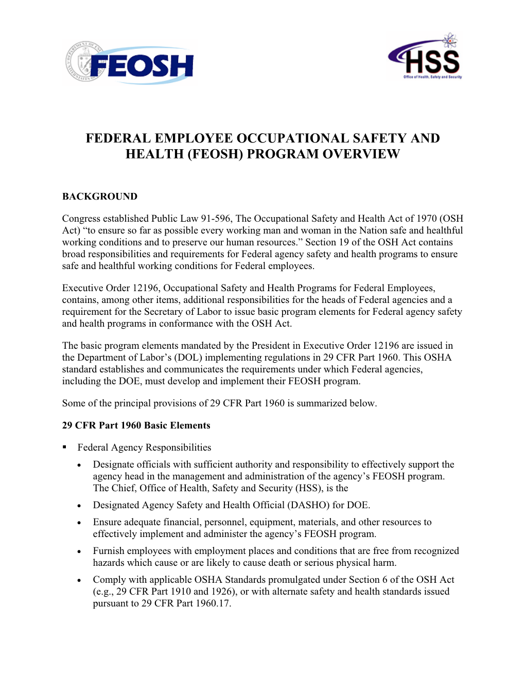 Federal Employee Occupational Safety and Health (Feosh) Program ...