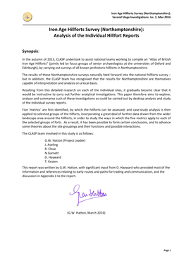 Iron Age Hillforts Survey (Northamptonshire): Second Stage Investigations: Iss