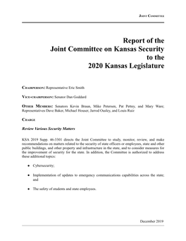 Report of the Joint Committee on Kansas Security to the 2020 Kansas Legislature
