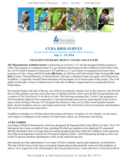 Cuba Bird Survey Program July 2 – 10, 2014 with Bill Gette