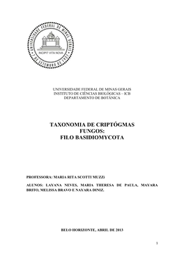 Taxonomia De Criptógmas Fungos: Filo Basidiomycota