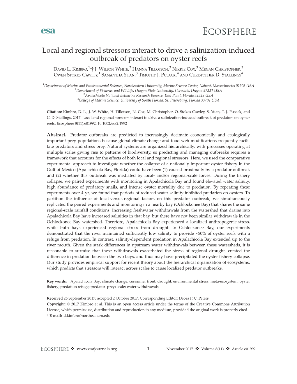 Induced Outbreak of Predators on Oyster Reefs 1, 2 3 3 3 DAVID L