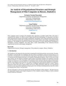 An Analysis of Organizational Structure and Strategic Management of Film Companies in Harare, Zimbabwe