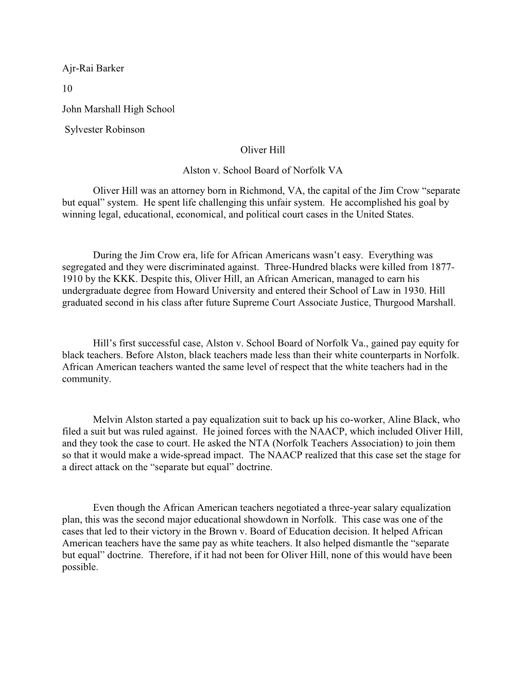 Ajr-Rai Barker 10 John Marshall High School Sylvester Robinson Oliver Hill Alston V. School Board of Norfolk VA Oliver Hill