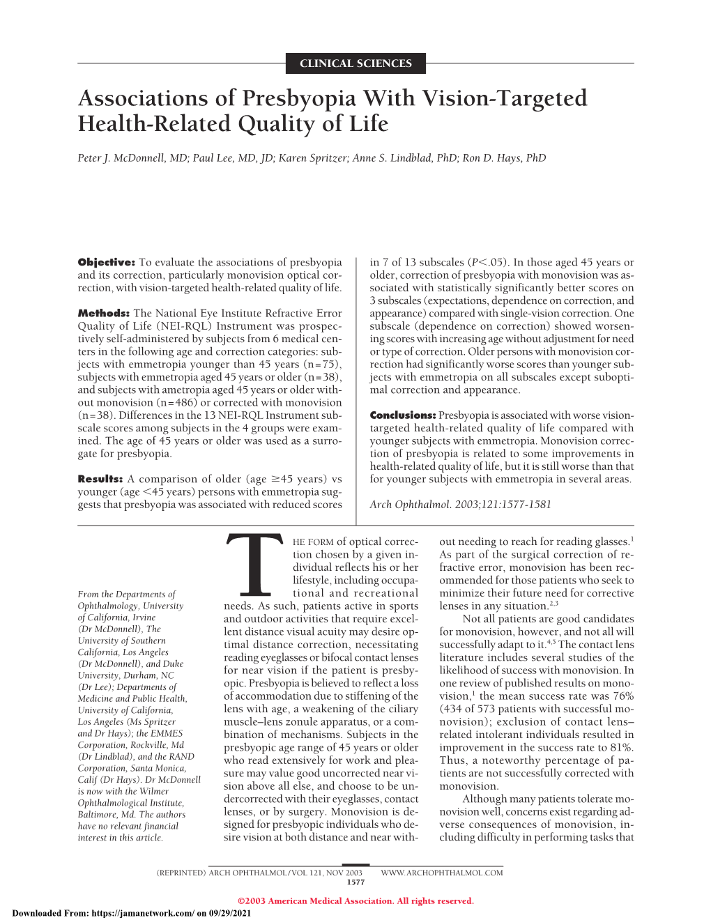 Associations of Presbyopia with Vision-Targeted Health-Related Quality of Life