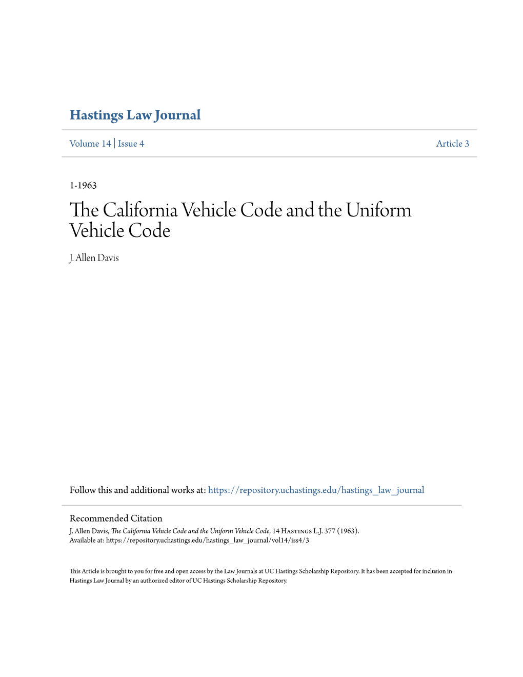 The California Vehicle Code and the Uniform Vehicle Code, 14 Hastings L.J