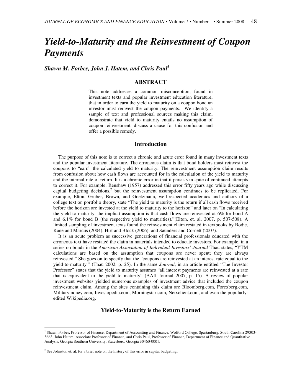 Yield-To-Maturity and the Reinvestment of Coupon Payments