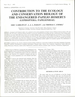 Contribution to the Ecology and Conservation Biology of the Endangered Papilio Homerus (Lepidoptera: Papilionidae)