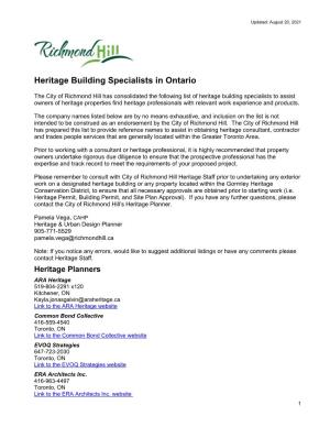 List of Heritage Building Specialists in Ontario